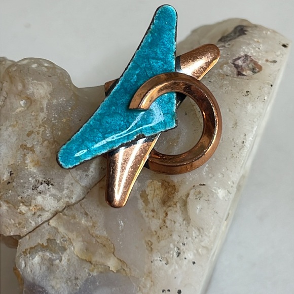 Matisse Renoir Copper Turquoise Enamel 1950's Clip Back Earrings Midcentury - Picture 4 of 7